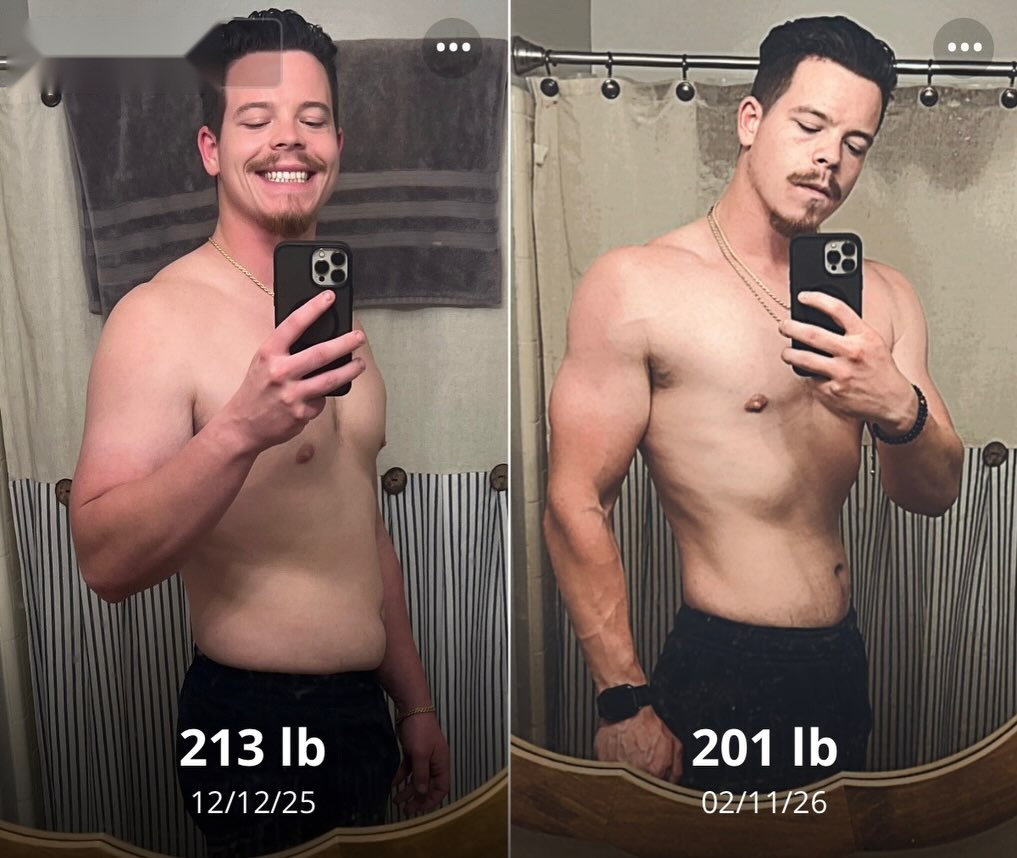 Client before and after, 213 to 201 lb