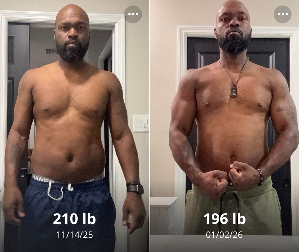 Client before and after, 210 to 196 lb